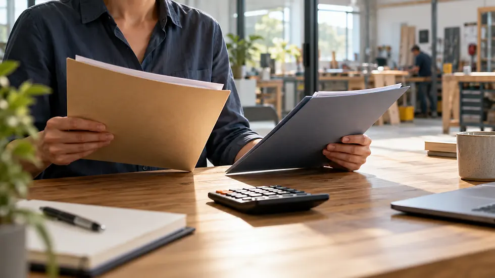 Illustrative review of two document folders at a desk; not a real client, official assessment or company office.