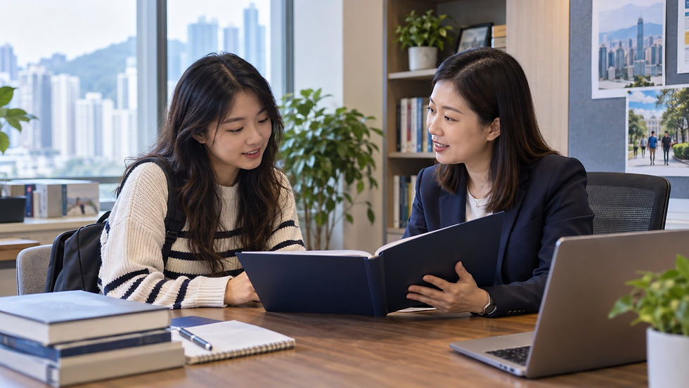An international graduate discussing an unmarked qualification folder with a university careers adviser in a quiet campus office in Hong Kong