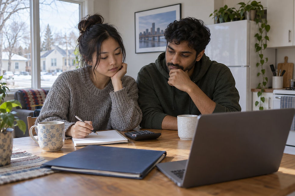 A graduate couple reviewing household finances at a kitchen table in a Winnipeg apartment.