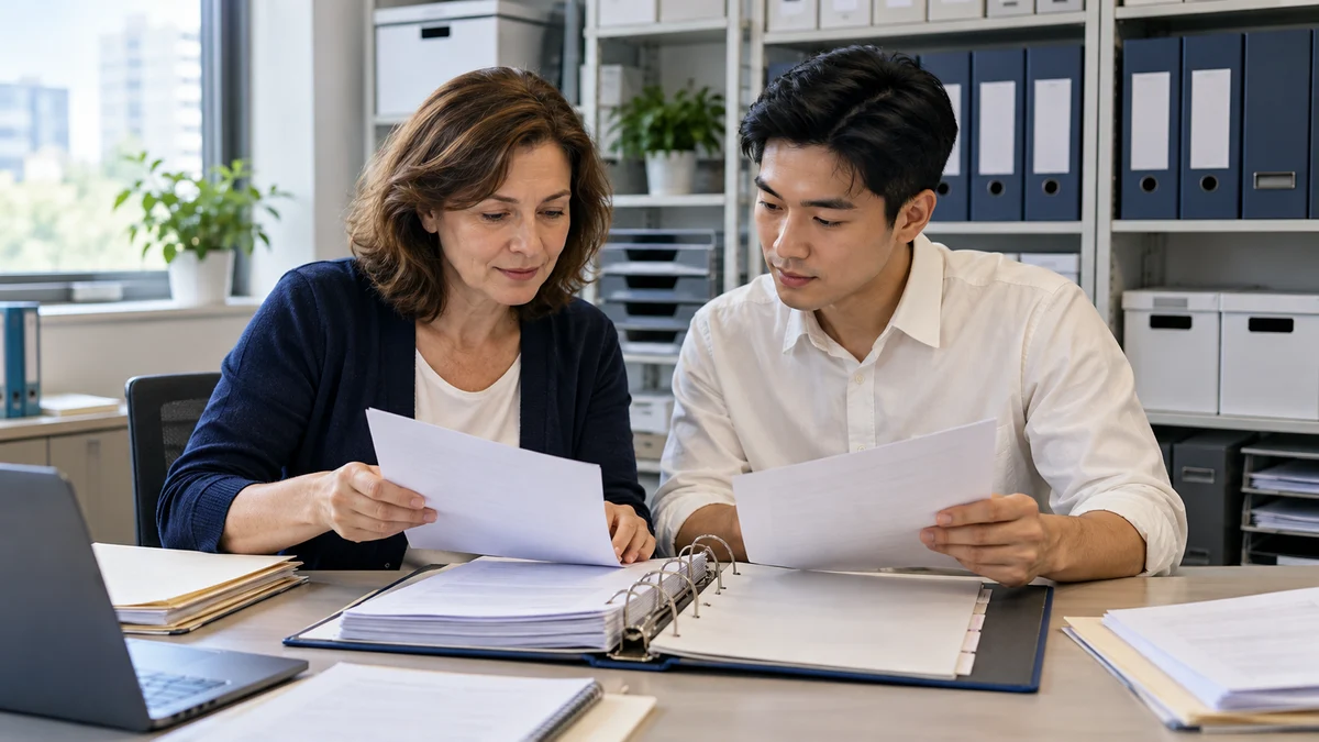 Two adult HR colleagues compare plain papers above an open recruitment binder in a bright records room; AI illustration.
