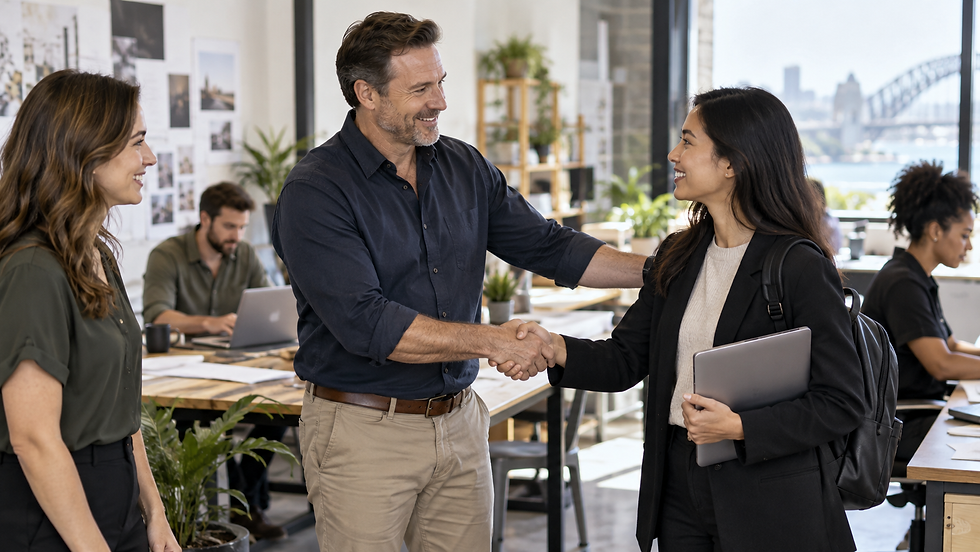 A small business owner welcoming an overseas specialist to an active workplace with local colleagues working in the background in Australia