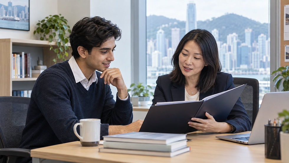 An international graduate discussing an unmarked qualification folder with a university careers adviser in a quiet campus office in Hong Kong