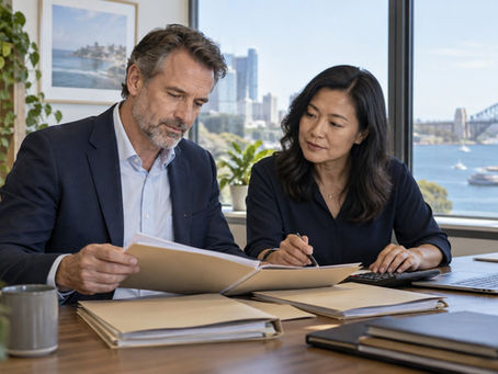 An investor and a financial professional reviewing several separate unmarked asset folders with a calculator in a calm office in Australia