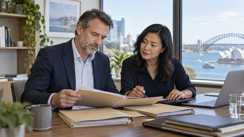 An investor and a financial professional reviewing several separate unmarked asset folders with a calculator in a calm office in Australia