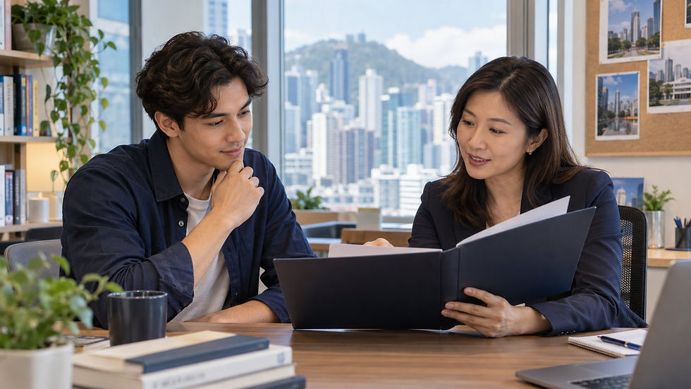 An international graduate discussing an unmarked qualification folder with a university careers adviser in a quiet campus office in Hong Kong