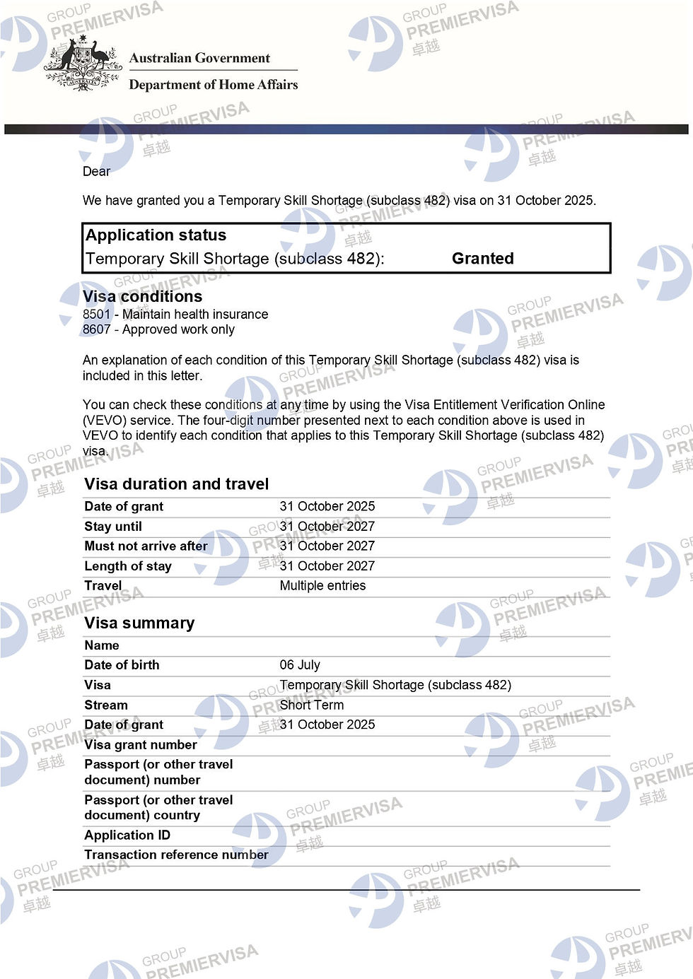 PremierVisa Group | Subclass 482 Employer Sponsored Visa Granted | 31 October 2025 | PV-AU-0226