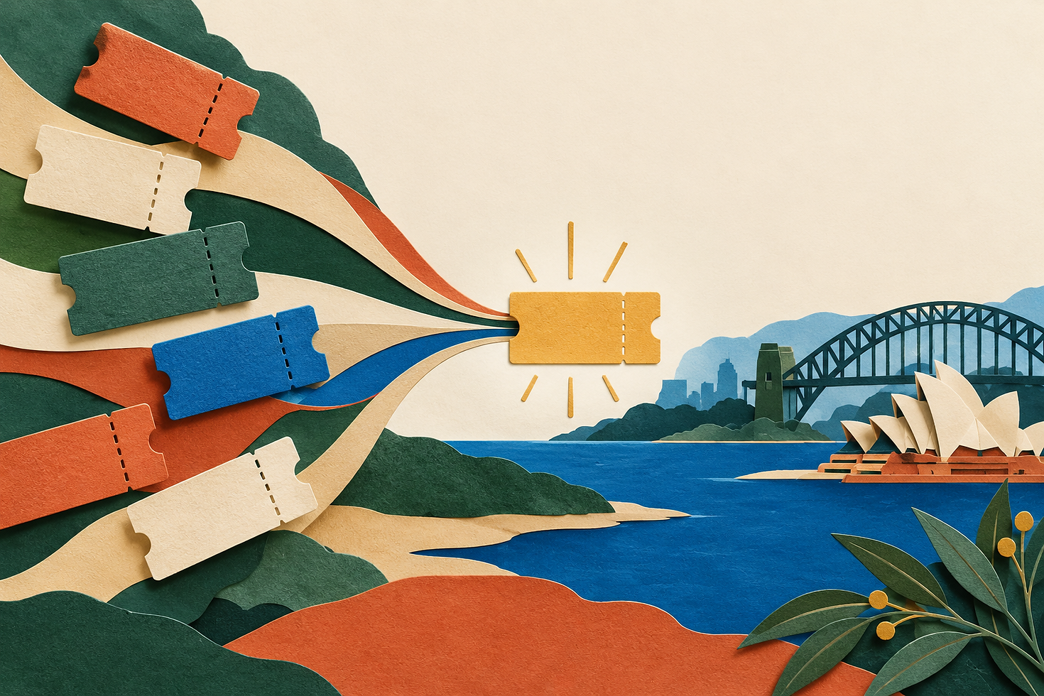 Paper-cut entry tickets funnel toward one selected ticket, with Sydney Harbour Bridge and the Opera House in the background, illustrating the subclass 462 ballot.