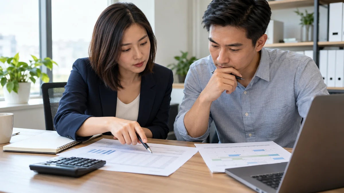 Two colleagues compare an anonymous budget and project calendar at an ordinary office desk; fictional AI illustration.
