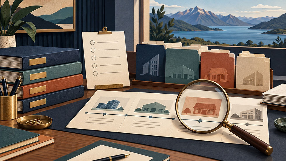 Editorial illustration of a New Zealand business investor reviewing company ledgers, compliance records and business history.