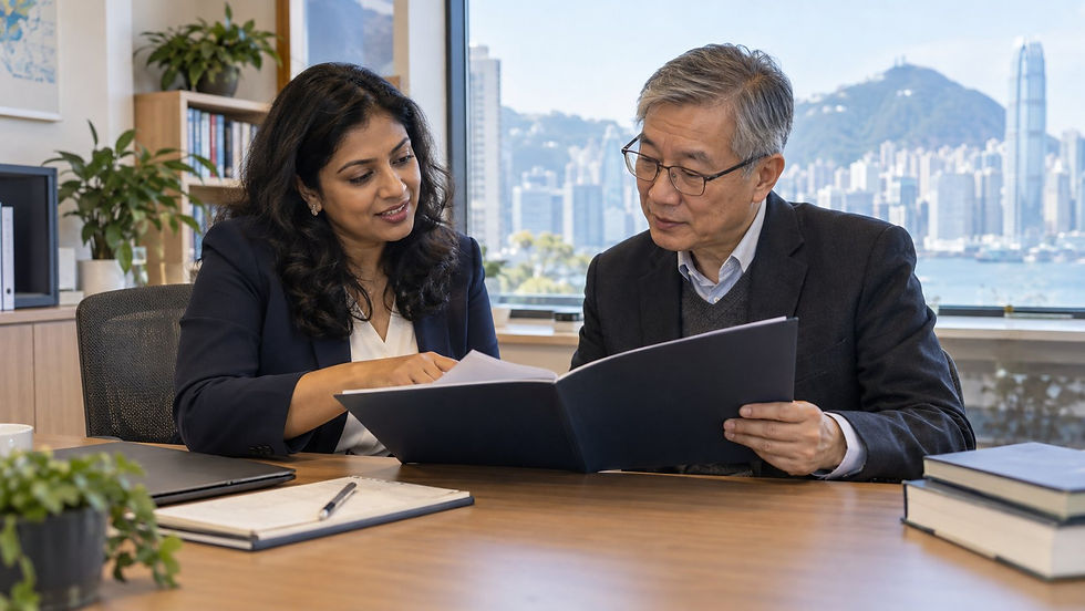 An international graduate discussing an unmarked qualification folder with a university careers adviser in a quiet campus office in Hong Kong