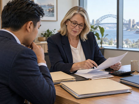 An investor and a financial professional reviewing several separate unmarked asset folders with a calculator in a calm office in Australia