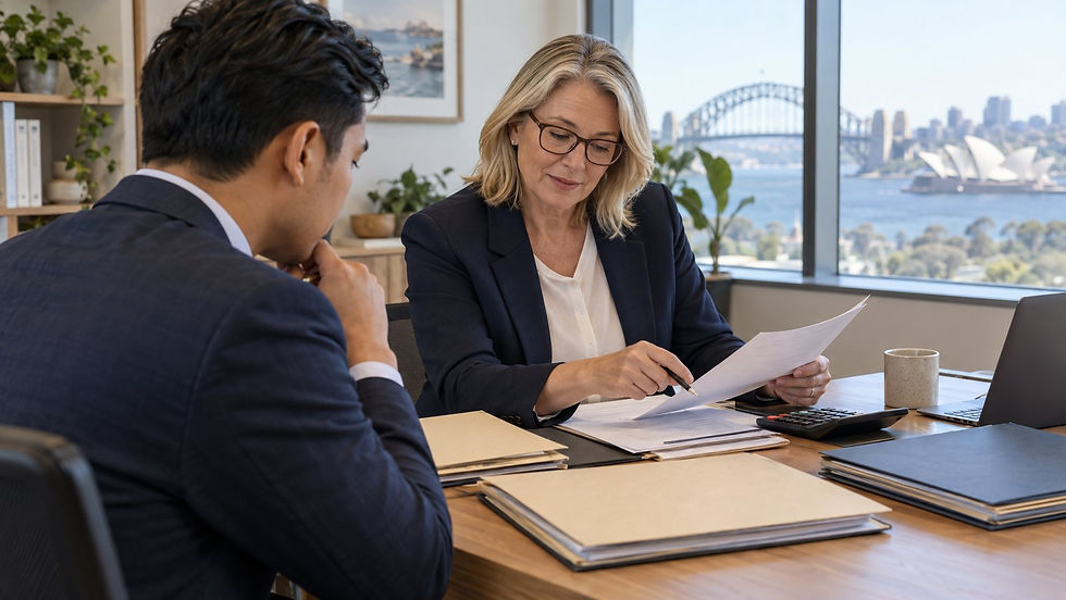 An investor and a financial professional reviewing several separate unmarked asset folders with a calculator in a calm office in Australia