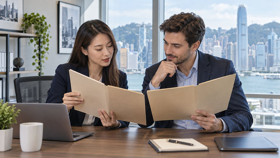 An employer and an overseas professional comparing two unmarked employment folders in a bright everyday company office in Hong Kong
