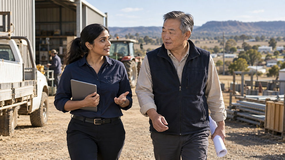 A regional employer and an overseas specialist walking through a practical Australian workplace near a small rural town in Australia