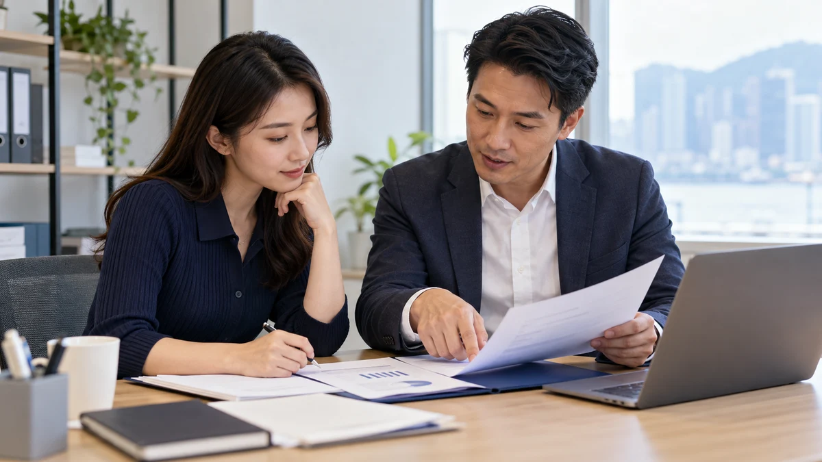 求职者与顾问在明亮办公桌旁核对文件，桌上放着笔记本电脑；AI示意图。