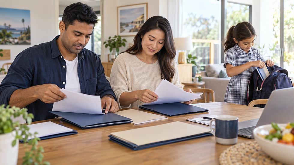 An international family arranging separate unmarked document folders at a sunny home dining table while a school age child packs a school bag nearby in Australia