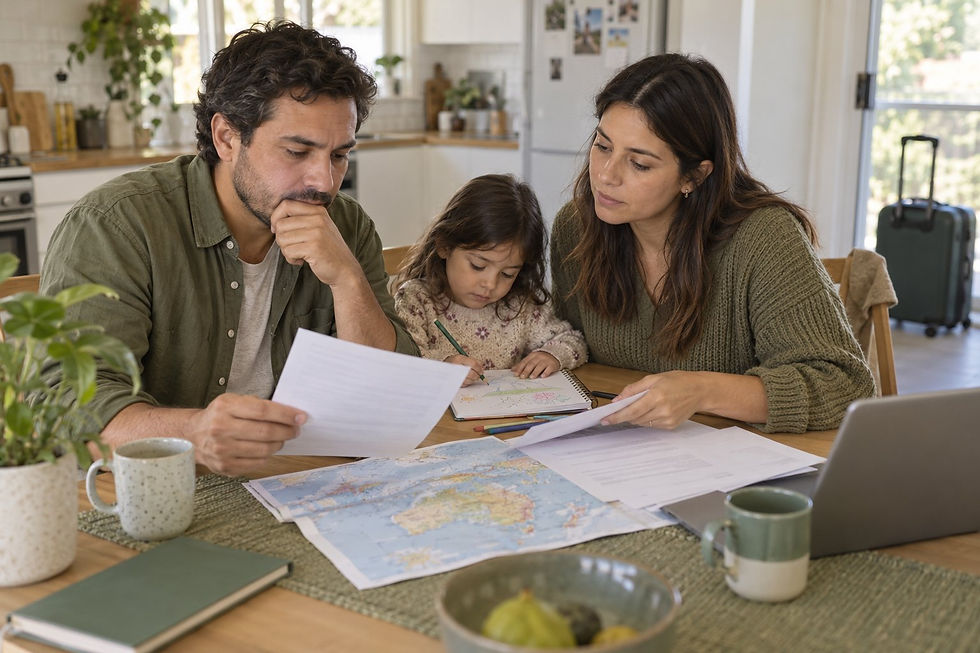 Family checking an overseas travel itinerary and immigration notices before a trip during an Australian visa application.