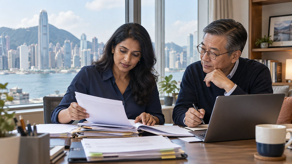 A mature professional organising several years of employment records at a quiet home desk near a city window in Hong Kong