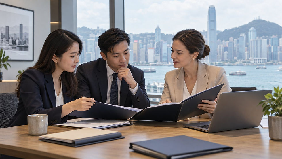 Two human resources colleagues comparing an employee chronology with a specialist using separate unmarked folders and an unreadable laptop in Hong Kong