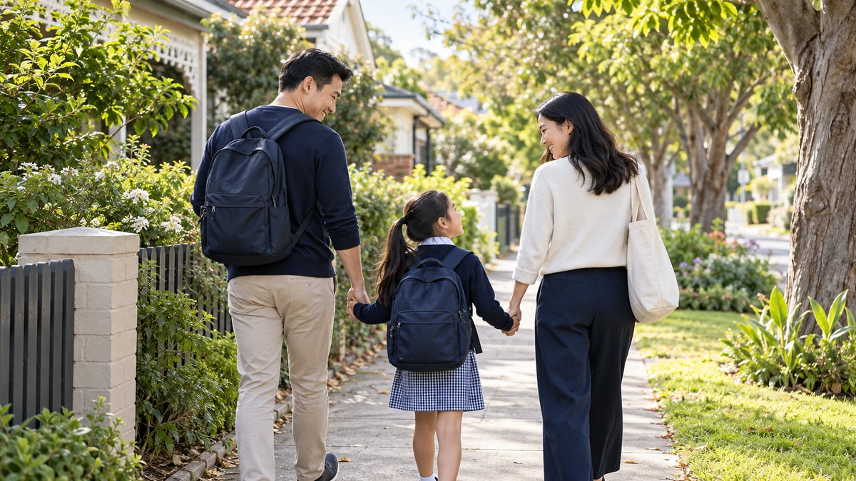 Two adults and a child walk along a leafy ordinary residential street; fictional AI illustration, not actual clients.
