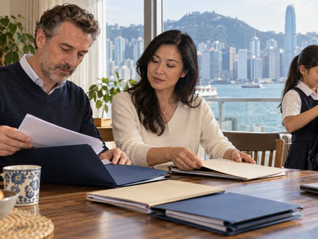 An international family arranging separate unmarked document folders at a sunny home dining table while a school age child packs a school bag nearby in Hong Kong