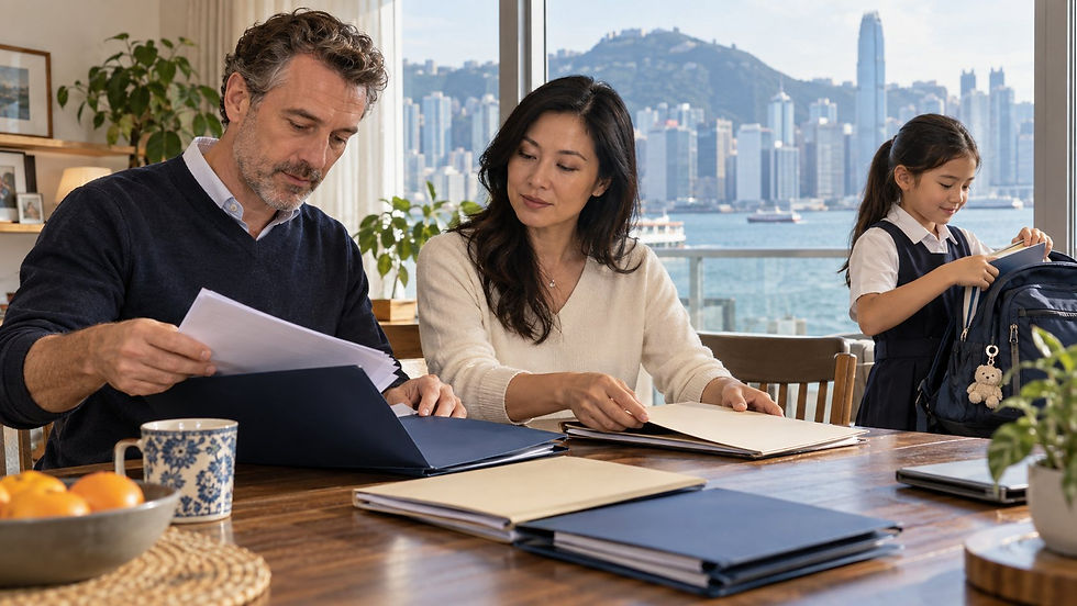 An international family arranging separate unmarked document folders at a sunny home dining table while a school age child packs a school bag nearby in Hong Kong