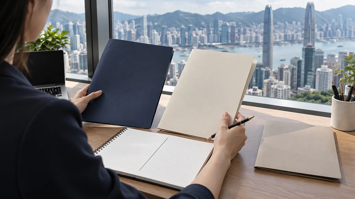 A person compares navy and cream folders above a two-column notebook, with Hong Kong buildings beyond the window; AI illustration.