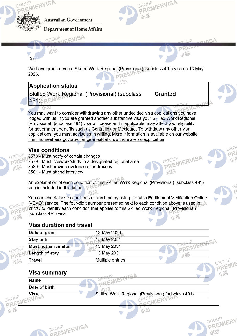 PremierVisa Group | Subclass 491 Regional Skilled Visa Granted | 13 May 2026 | PV-AU-0022