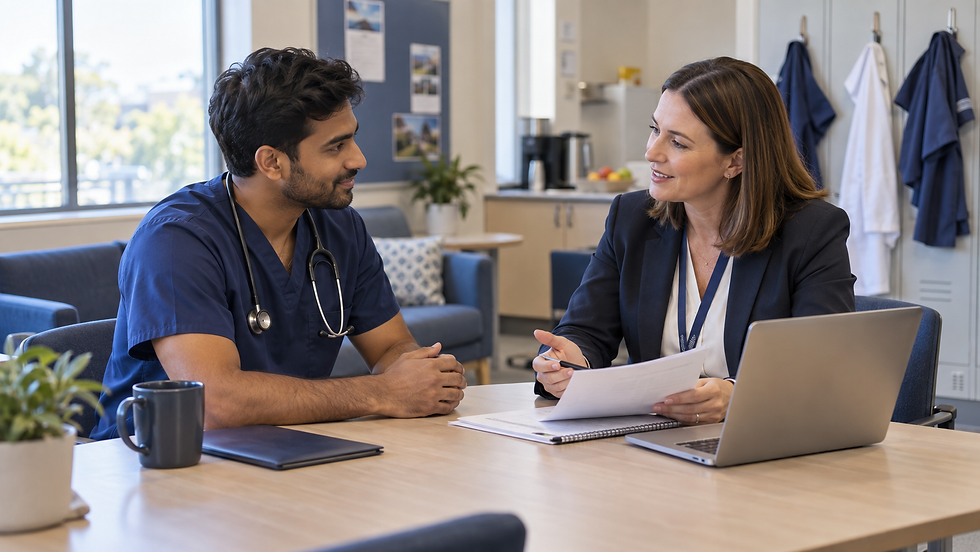 A qualified healthcare professional meeting a hospital recruitment manager in a quiet staff room with folded work attire and no patients in Australia
