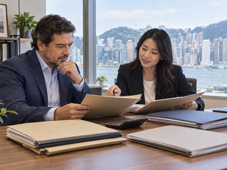 An investor and a financial professional reviewing several separate unmarked asset folders with a calculator in a calm office in Hong Kong