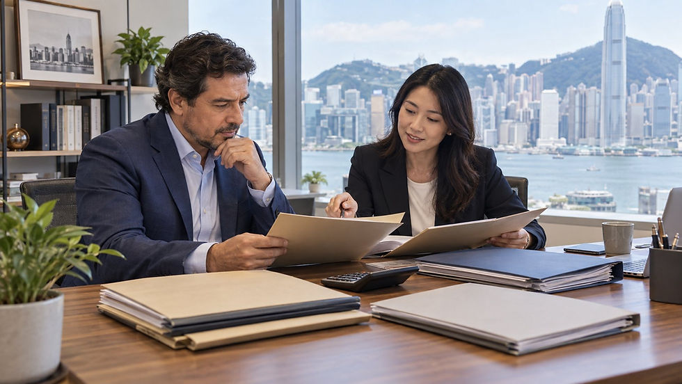 An investor and a financial professional reviewing several separate unmarked asset folders with a calculator in a calm office in Hong Kong