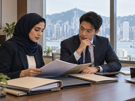 An investor and a financial professional reviewing several separate unmarked asset folders with a calculator in a calm office in Hong Kong