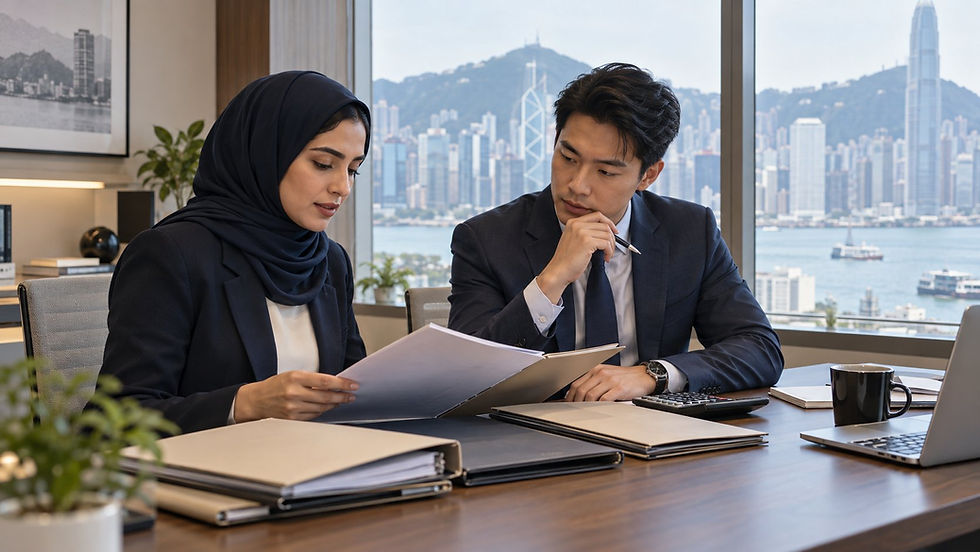 An investor and a financial professional reviewing several separate unmarked asset folders with a calculator in a calm office in Hong Kong