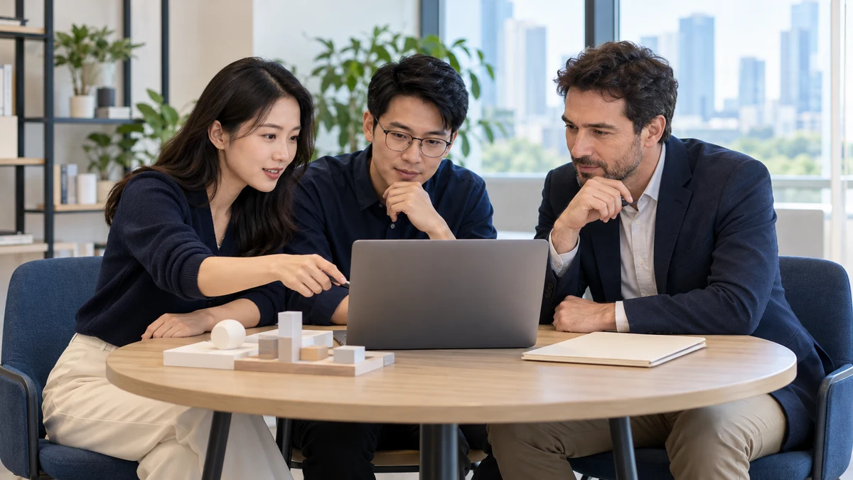Three colleagues discuss a laptop and plain project folder at an office table in daylight; AI illustration.