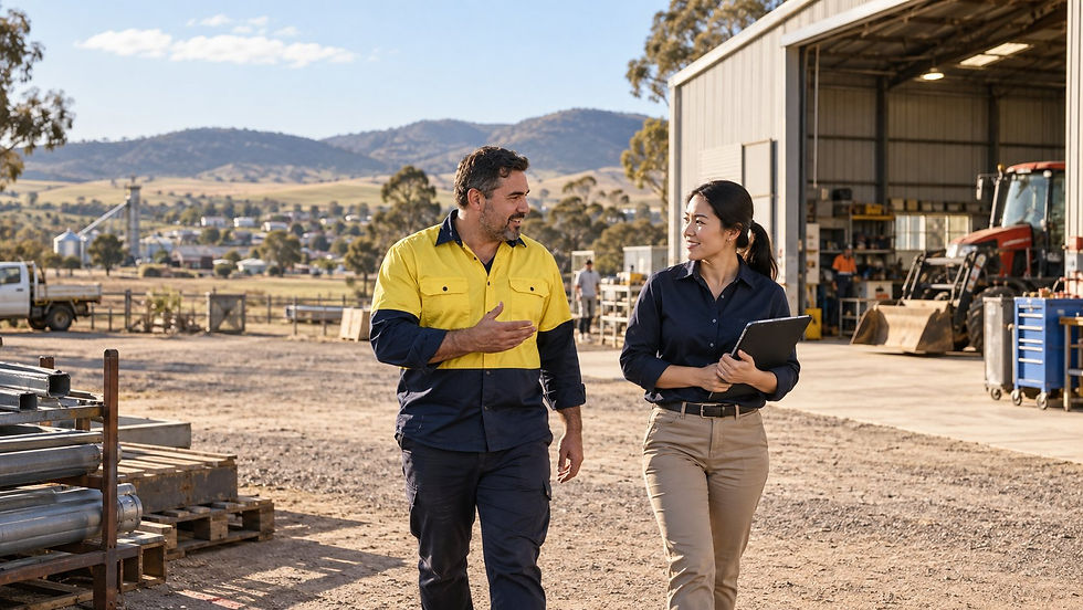 A regional employer and an overseas specialist walking through a practical Australian workplace near a small rural town in Australia