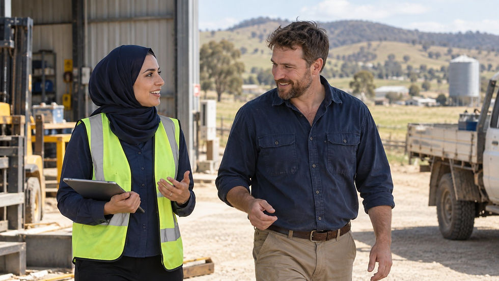 A regional employer and an overseas specialist walking through a practical Australian workplace near a small rural town in Australia