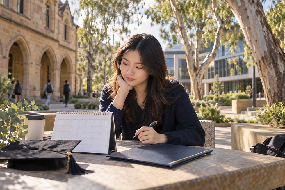 澳洲大學校園旁的香港畢業生整理課程及簽證時間表,象徵由留學轉入畢業後規劃