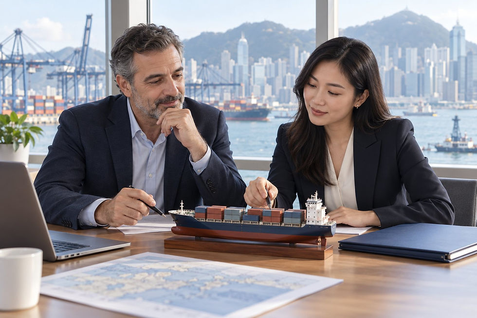 An overseas maritime educator and Hong Kong coordinator preparing a shore-based workshop beside a model cargo vessel.