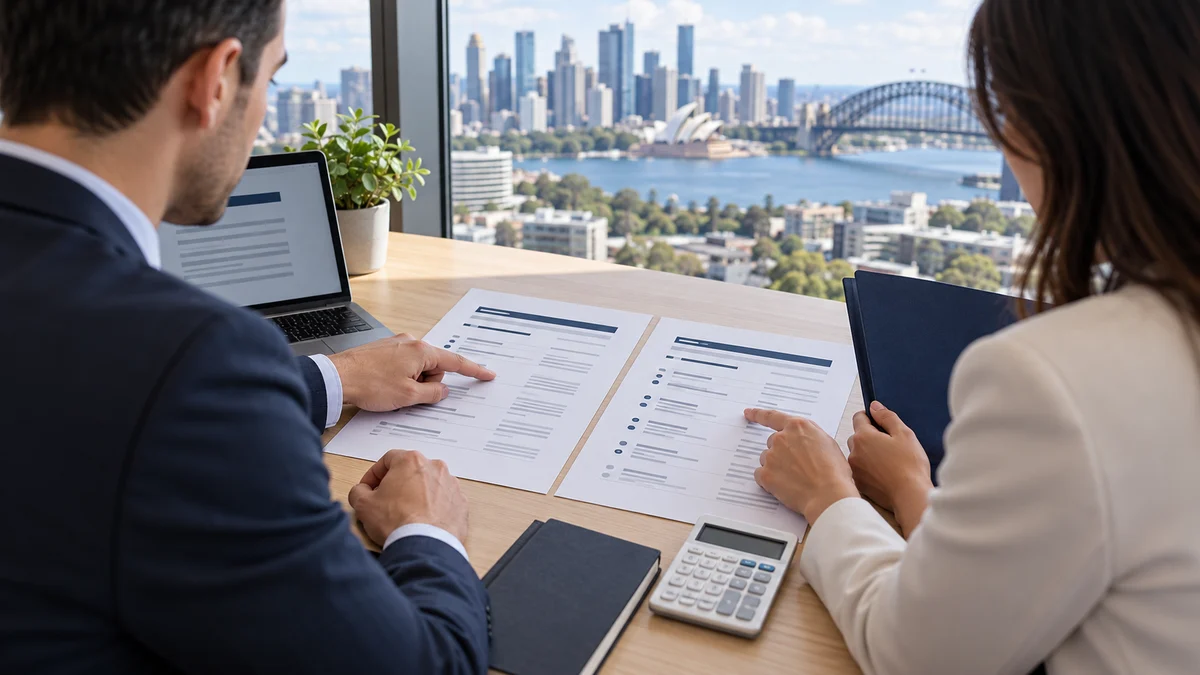 Two professionals compare abstract employment pages and a calculator beside an Australian city window; AI illustration.
