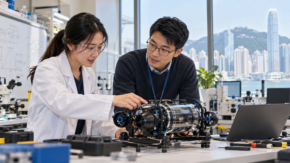 A researcher and an industry colleague examining a practical scientific prototype in a bright university laboratory in Hong Kong