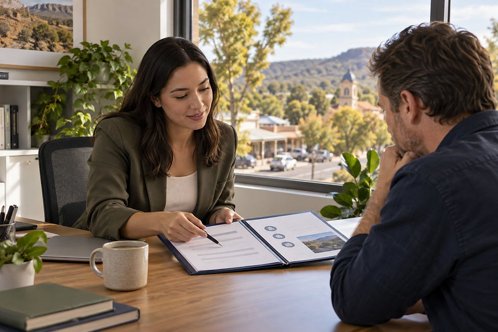 Professional reviewing plans for a new regional Australian job with an adviser