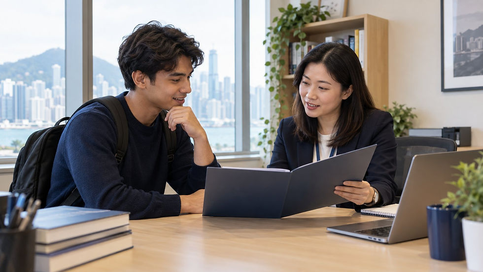 An international graduate discussing an unmarked qualification folder with a university careers adviser in a quiet campus office in Hong Kong