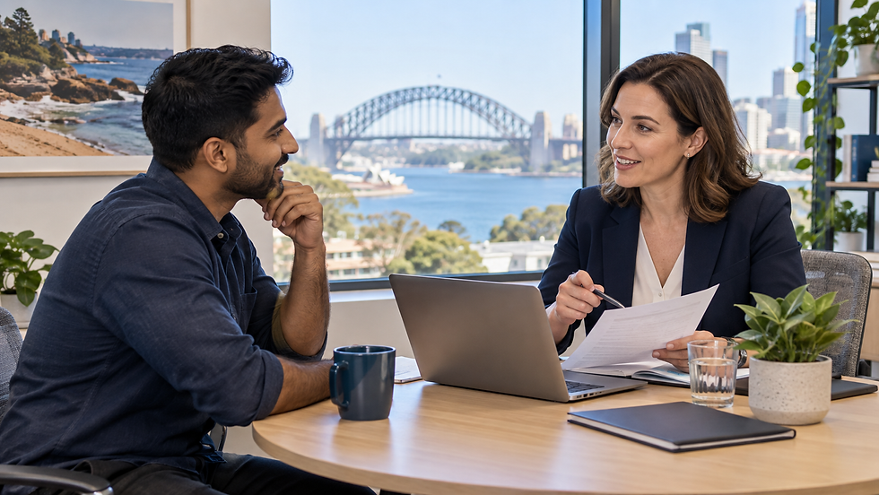An international employee discussing a specific job offer with a human resources manager at a small meeting table in Australia
