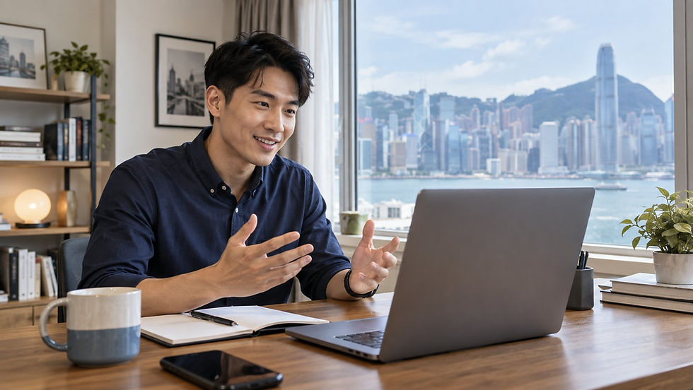 An international professional having a video consultation at a home desk with the laptop display turned away from the camera in Hong Kong