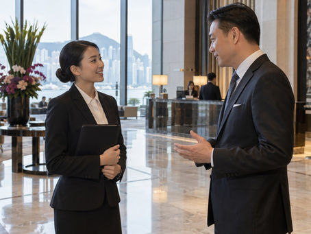 An adult hospitality graduate discussing a position with a manager in a Hong Kong hotel lobby