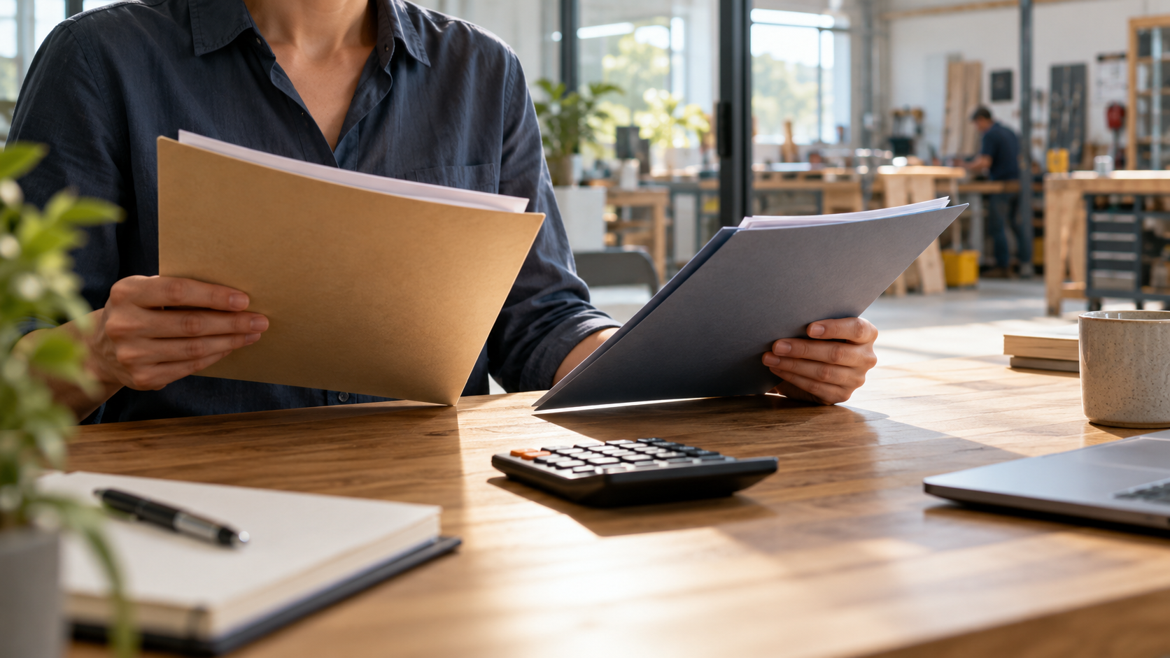 Illustrative review of two document folders at a desk; not a real client, official assessment or company office.