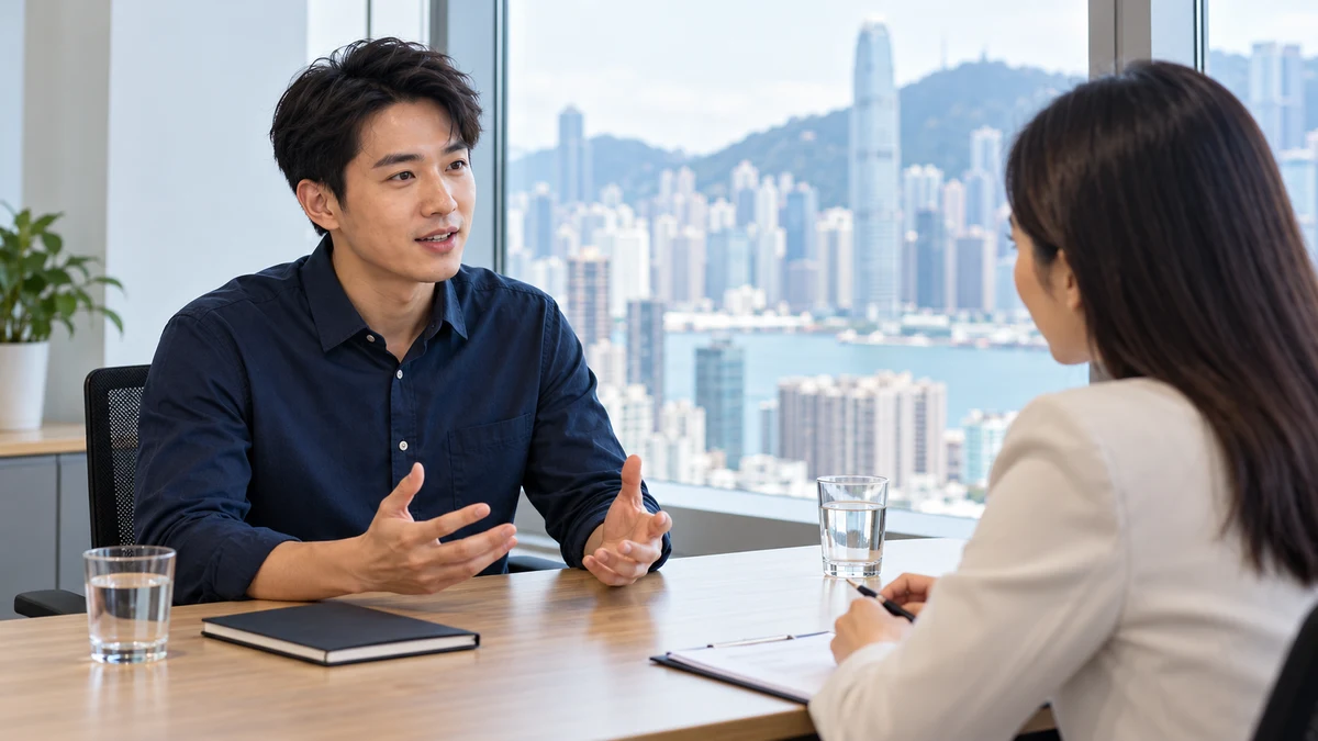 An adult applicant in a navy shirt speaks with an interviewer across a desk by a Hong Kong city-view window; AI illustration.