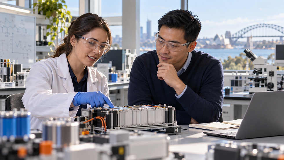 A researcher and an industry colleague examining a practical scientific prototype in a bright university laboratory in Australia