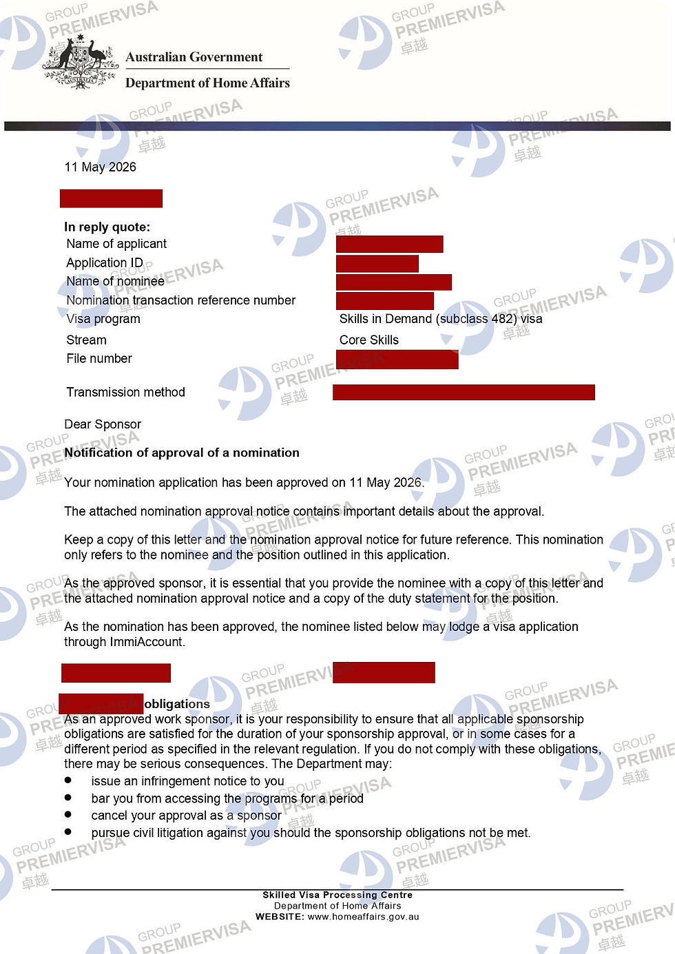 PremierVisa Group | Subclass 482 Employer Nomination Approval | 11 May 2026 | PV-AU-0019