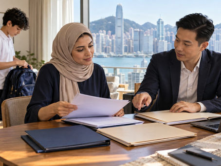 An international family arranging separate unmarked document folders at a sunny home dining table while a school age child packs a school bag nearby in Hong Kong